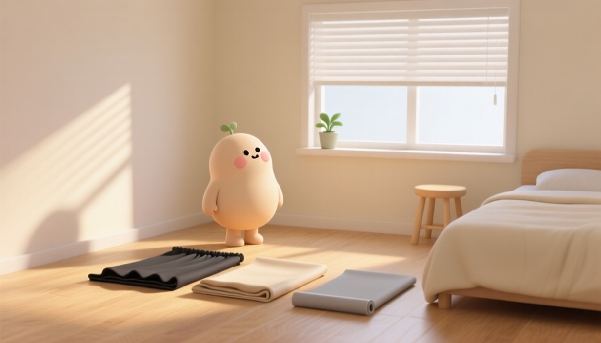 블라인드 창 앞에서 바닥에 놓인 여러 커튼을 살펴보는 캐릭터