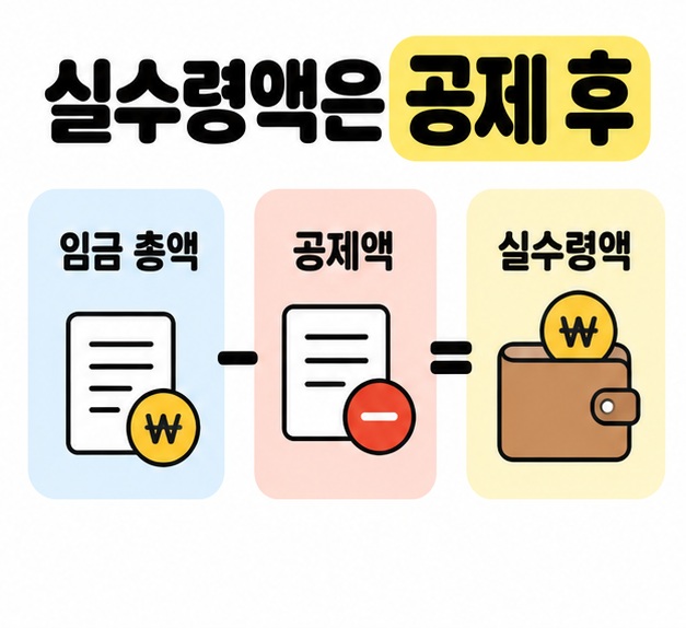 임금 총액에서 공제액을 빼면 실수령액이 되는 관계를 문서와 지갑 그림, 빼기와 등호로 나타낸 도식