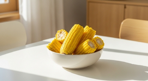 초당옥수수를 담은 그릇을 테이블에 놓고 손님을 맞이하는 모습, 환한 미소