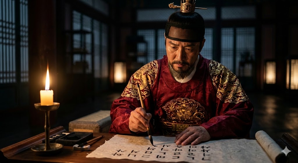 Cinematic image of King Sejong the Great agonizing over the creation of Hangul, analysis of the ending of the novel The Country of Sejong.