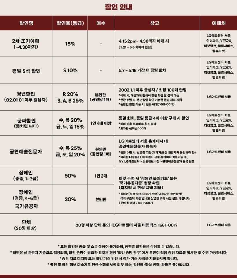 LG아트센터 서울 25주년 기념 연극 헤다 가블러 2025 할인 안내표