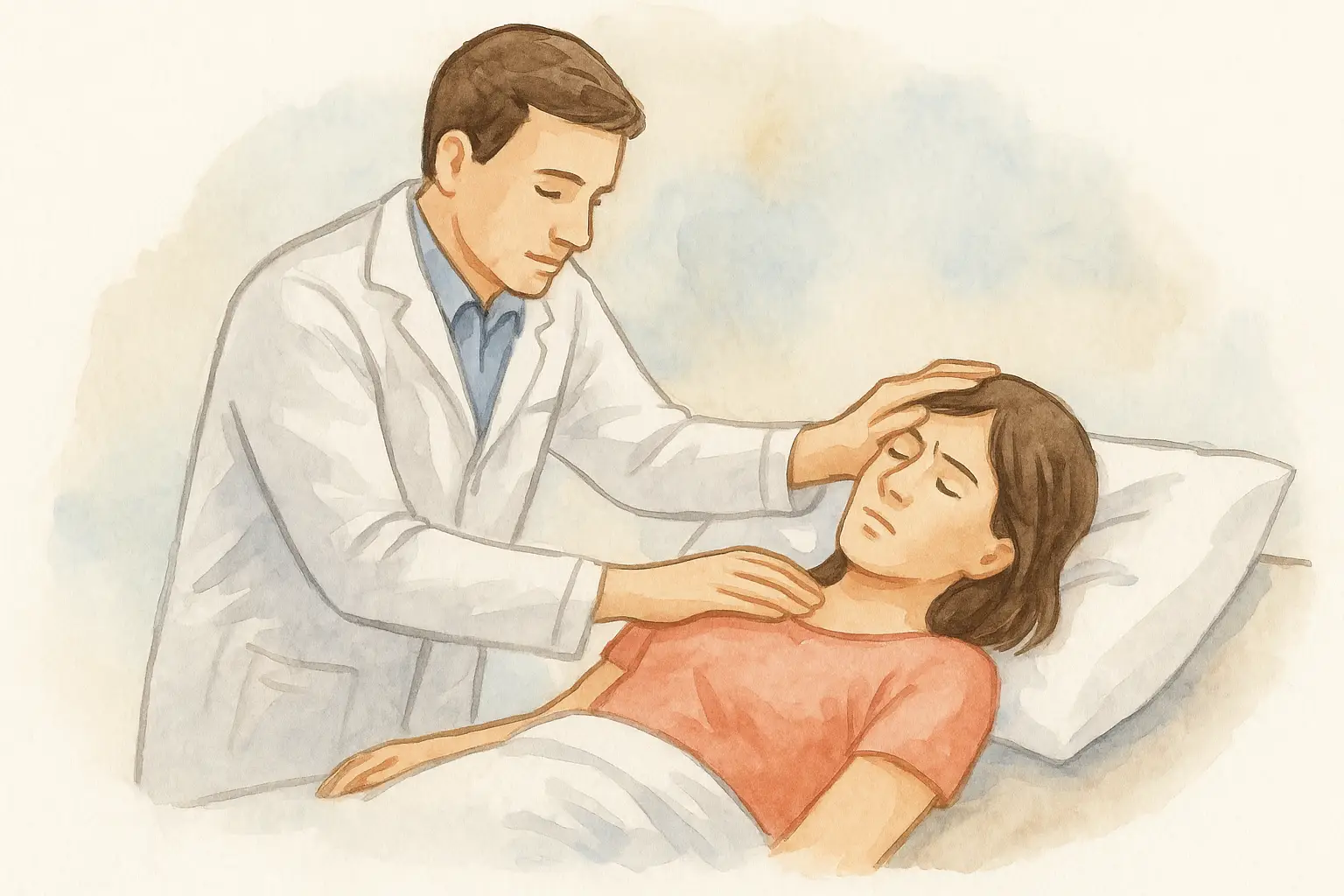 이석증 치료를 위해 의사가 환자의 머리를 잡고 천천히 돌려주는 에플리법 과정