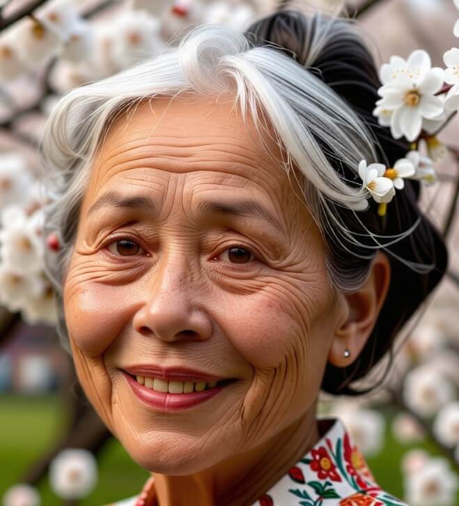 뒤에-벚꽃이-피어-있고-주름이-상당히-많은-할머니가-환하게-웃고-있는-사진입니다.