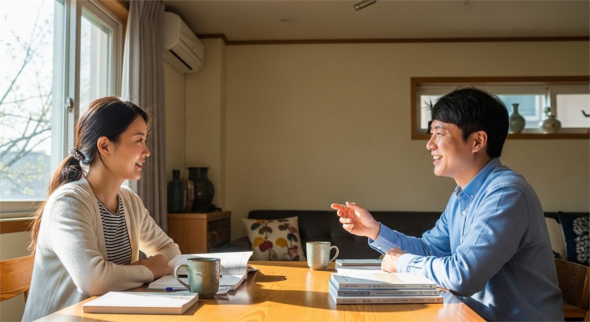 실내에서 가볍게 영어 스몰토크를 연습하는 장면