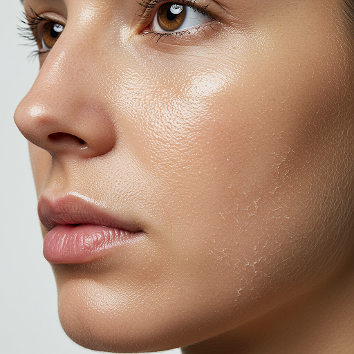 여성의 얼굴을 클로즈업한 이미지로, 이마, 코, 턱 부분의 T존은 눈에 띄게 번들거리고 볼과 턱선의 U존은 매트하고 약간의 각질이 보이는 복합성 피부의 특징을 보여줍니다.