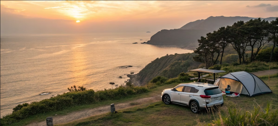 석양을 품고 있는 바닷가에 세워진 차량