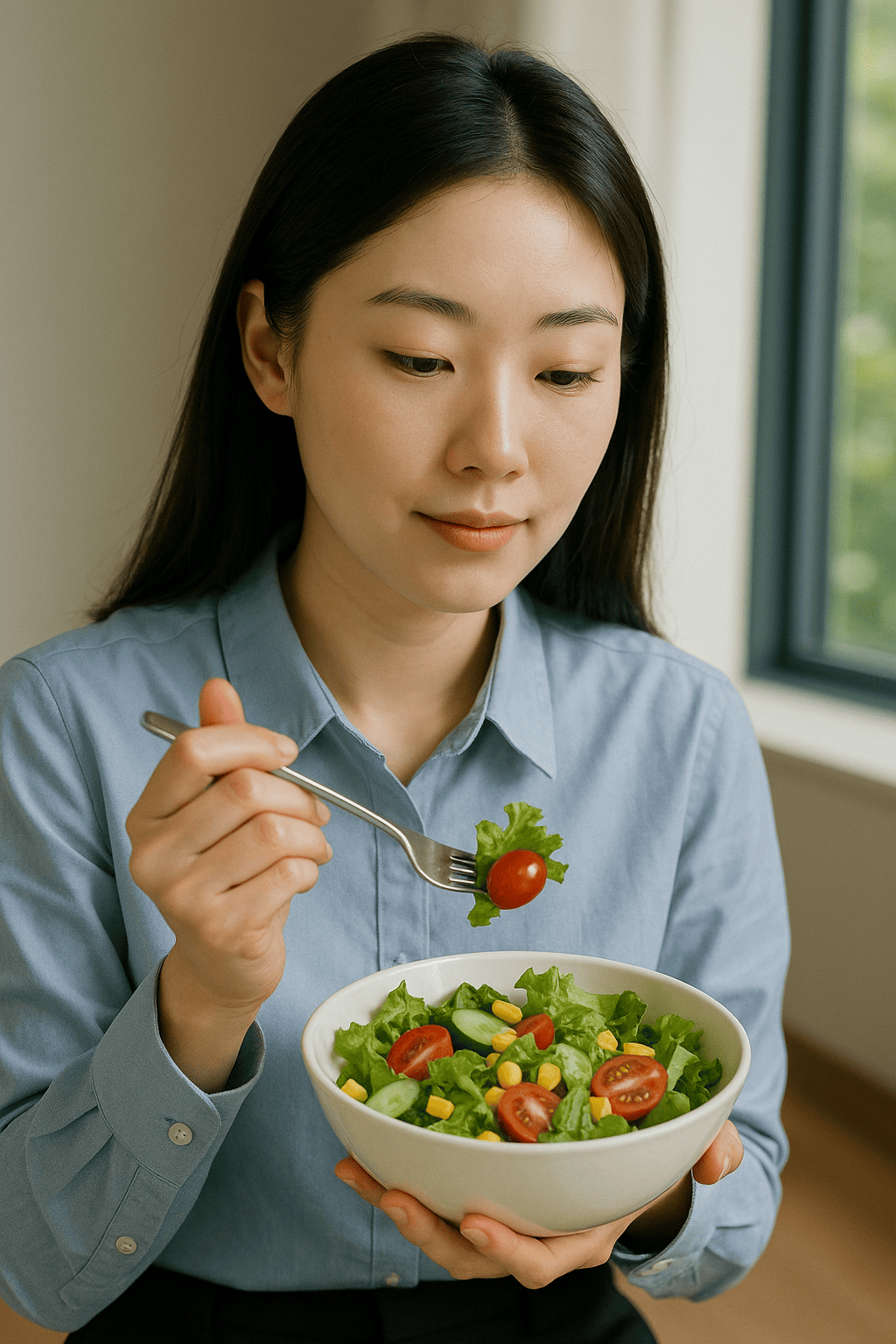 밝은-실내에서-창가를-배경으로-단정한-하늘색-셔츠를-입은-피부-하얀-한국인-여성이-샐러드-그릇을-손에-들고-방울토마토와-상추를-포크로-집어-올리며-조용히-식사를-즐기고-있고-샐러드는-양상추-오이-방울토마토-옥수수-등이-선명하게-담겨-있어-건강하고-생기있는-느낌을-주는-장면