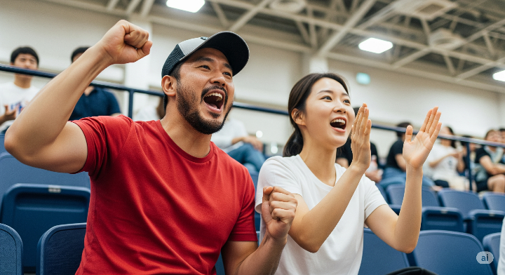 경기장 관중석에 앉아 좋아 하는 선수를 열정적으로 응원하고 있는 커플