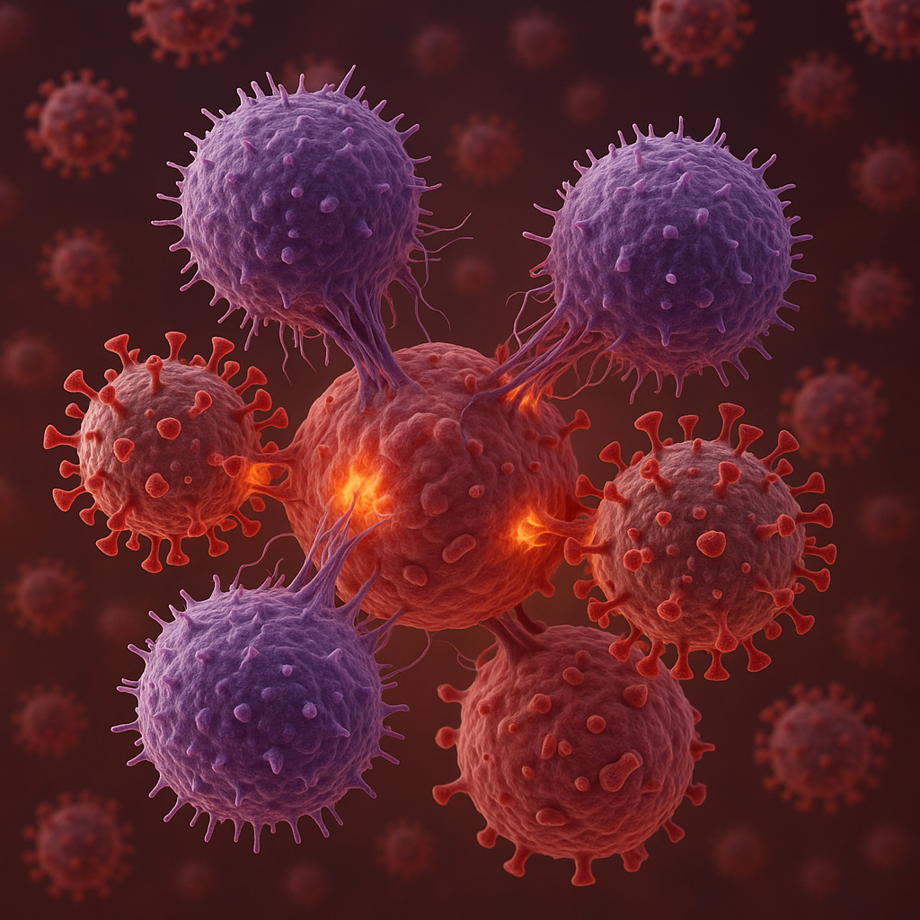 바이러스 감염 세포가 NK세포의 공격을 받아 소멸되는 3D 이미지