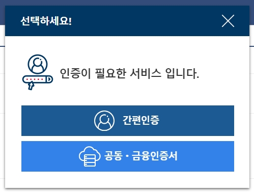 간편인증과 공동인증서 등 다양한 본인인증 방법 선택 화면