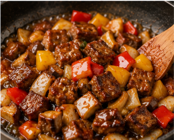 한 단짠 소스가 통통한 떡갈비 단면과 아삭한 파프리카 겉면에 찰떡처럼 달라붙어 반짝반짝 윤기 나는 코팅을