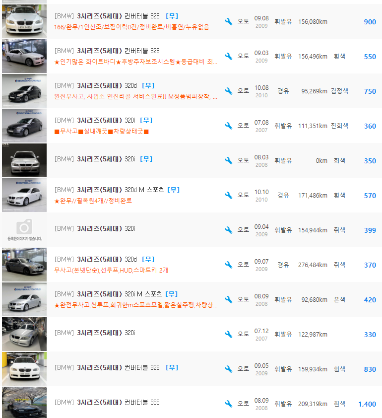 BMW 3시리즈(E90) 등급 중고차 가격 : 270만원 ~ 1,490만원