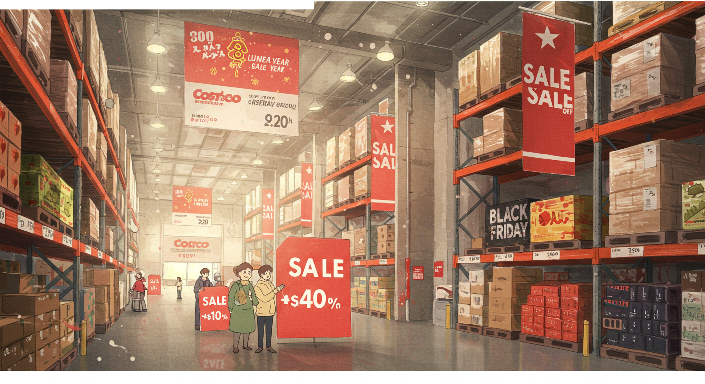 세일 안내 표지판과 별표 표시가 있는 코스트코 매장