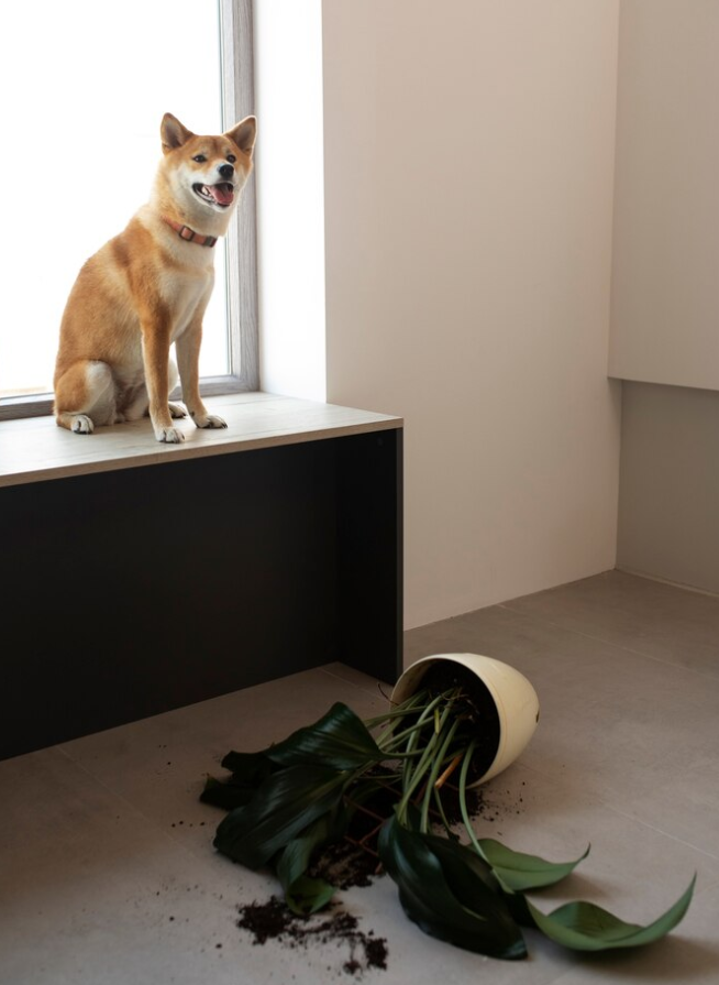 강아지가 화분을 깨서 사고친 사진