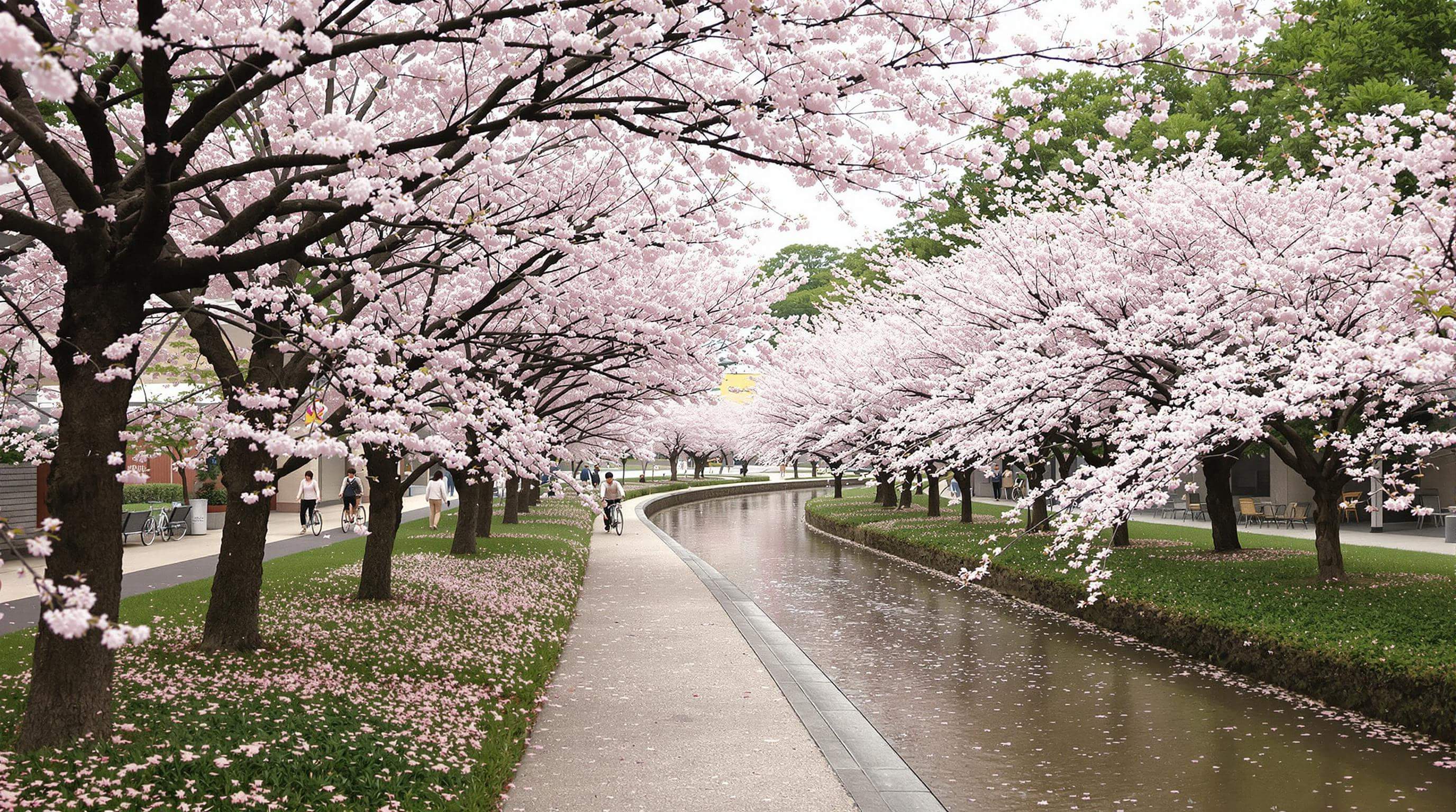 Cherry blossom lined path along Jungnang Stream in Seoul, couples riding bicycles, pink petals falling, spring atmosphere