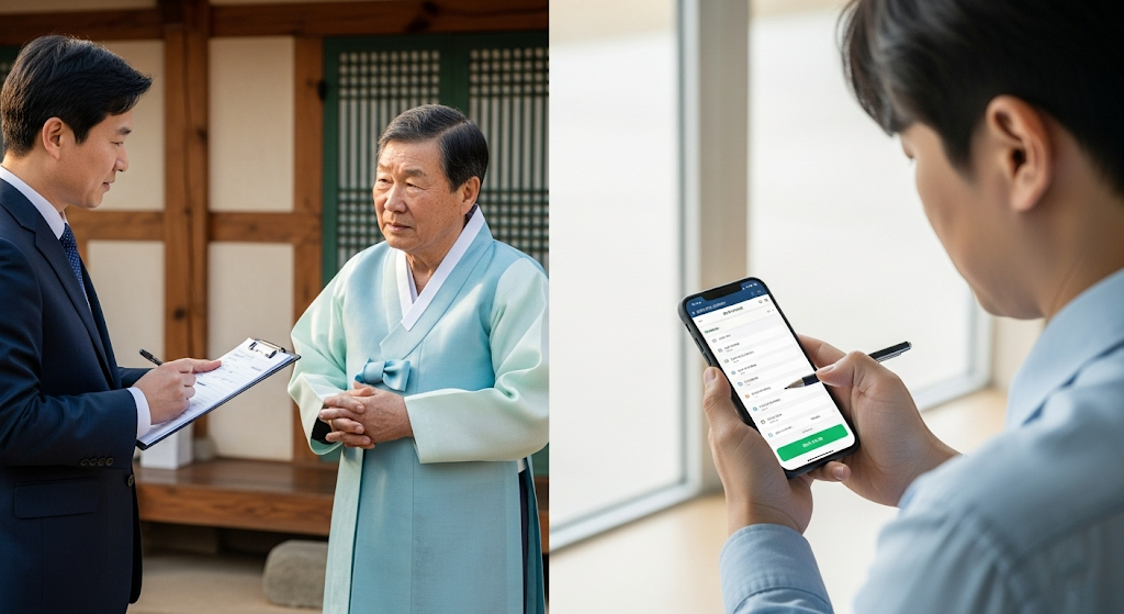좌측에는 clipboard를 든 공무원이 방문 조사 중인 장면, 우측에는 실내에서 스마트폰으로 비대면 조사를 완료 중인 한국 남성