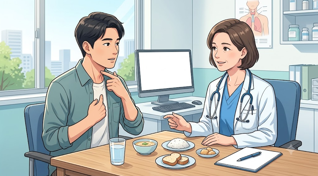 연하곤란 첫 진료에서 환자가 증상 위치와 음식 종류별 불편함을 의사에게 설명하는 메디컬 일러스트