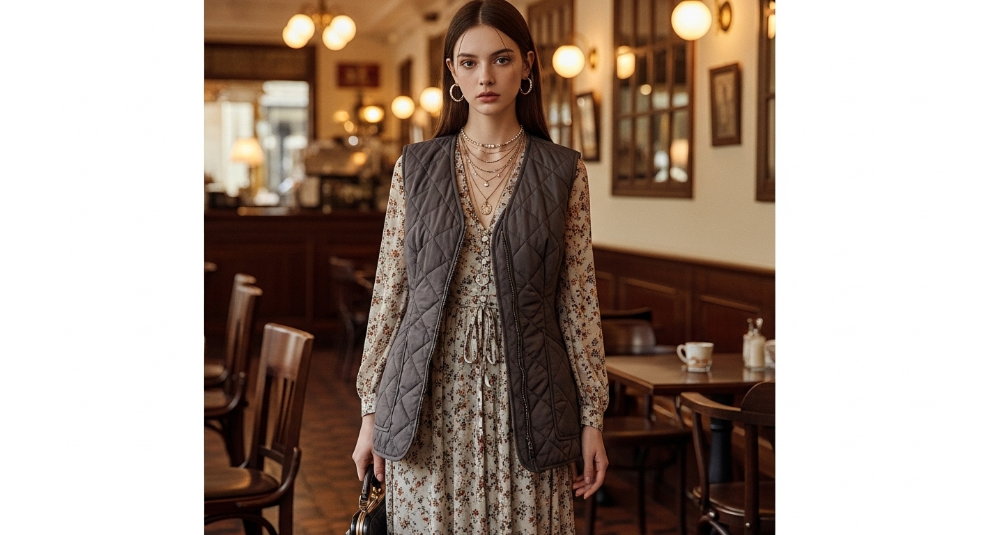 패션 인플루언서가 꽃무늬 맥시 드레스 위에 세련된 퀼팅 김장조끼를 입고 액세서리로 포인트를 준 K-그래니코어 룩을 연출한 모습