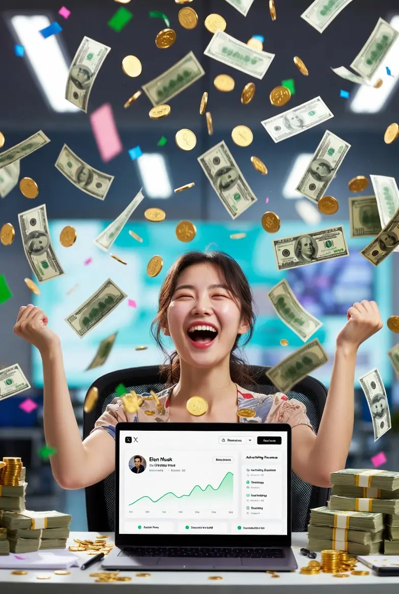 일론 머스크 X 트위터 광고 수익 창출로 기뻐하는 여자