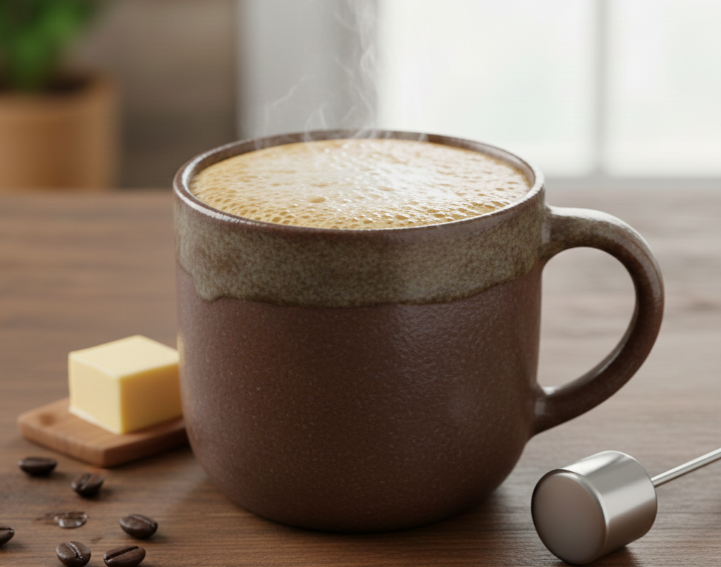 어두운 톤의 나무 테이블 위에 놓인 크리미한 방탄커피(Bulletproof Coffee) 이미지입니다. 세련된 흰색 세라믹 컵에 담긴 커피 위에는 버터와 MCT 오일이 블렌딩되어 생긴 두껍고 부드러운 황금빛 거품 층이 덮여 있습니다. 컵 옆에는 커피에 들어간 재료를 암시하는 작은 버터 조각이 나무 도마 위에 놓여 있으며, 배경에는 볶은 원두가 흩어져 있어 신선한 느낌을 줍니다. 전체적으로 따뜻하고 에너지가 넘치는 아침의 분위기를 연출합니다.