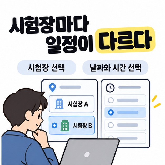 시험장마다 일정이 다르다는 설명과 함께 수험생이 시험장 A와 B 및 날짜와 시간 선택 화면을 살펴보는 모습