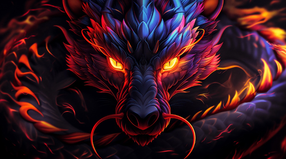 판타지 몬스터 사전에 수록된 강렬한 오렌지빛 눈과 푸른 비늘을 가진 동양적인 용의 정면 일러스트