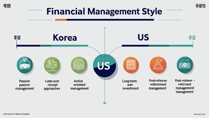 한국과 미국 퇴직연금 운용 방식 차이를 비교하는 인포그래픽. 참여 문화, 투자 방식, 자산 관리 태도가 대비됨