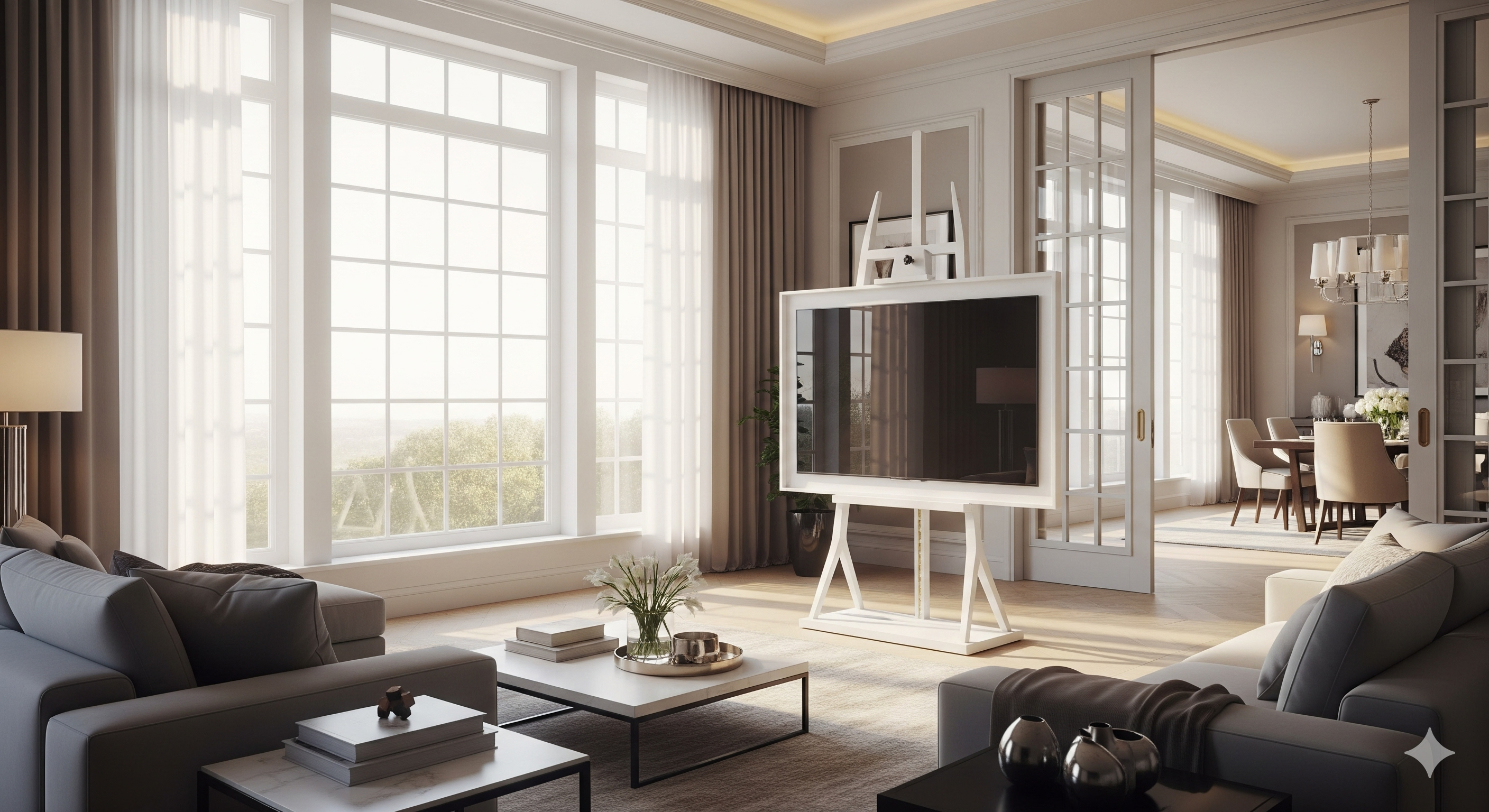 채광 좋은 거실 인테리어와 화이트 이젤형 티비 거치대 추천