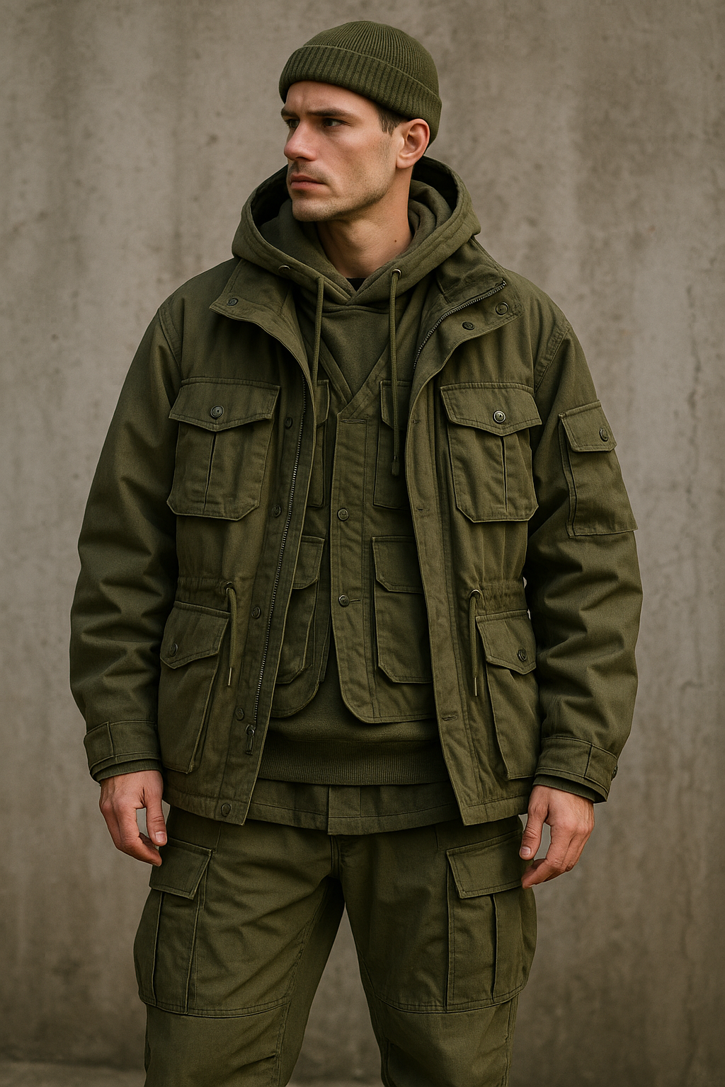 남성이 비니와 후드를 착용하고 포켓이 많은 야상과 카고 팬츠를 매치해 벽 앞에 서 있는 장면