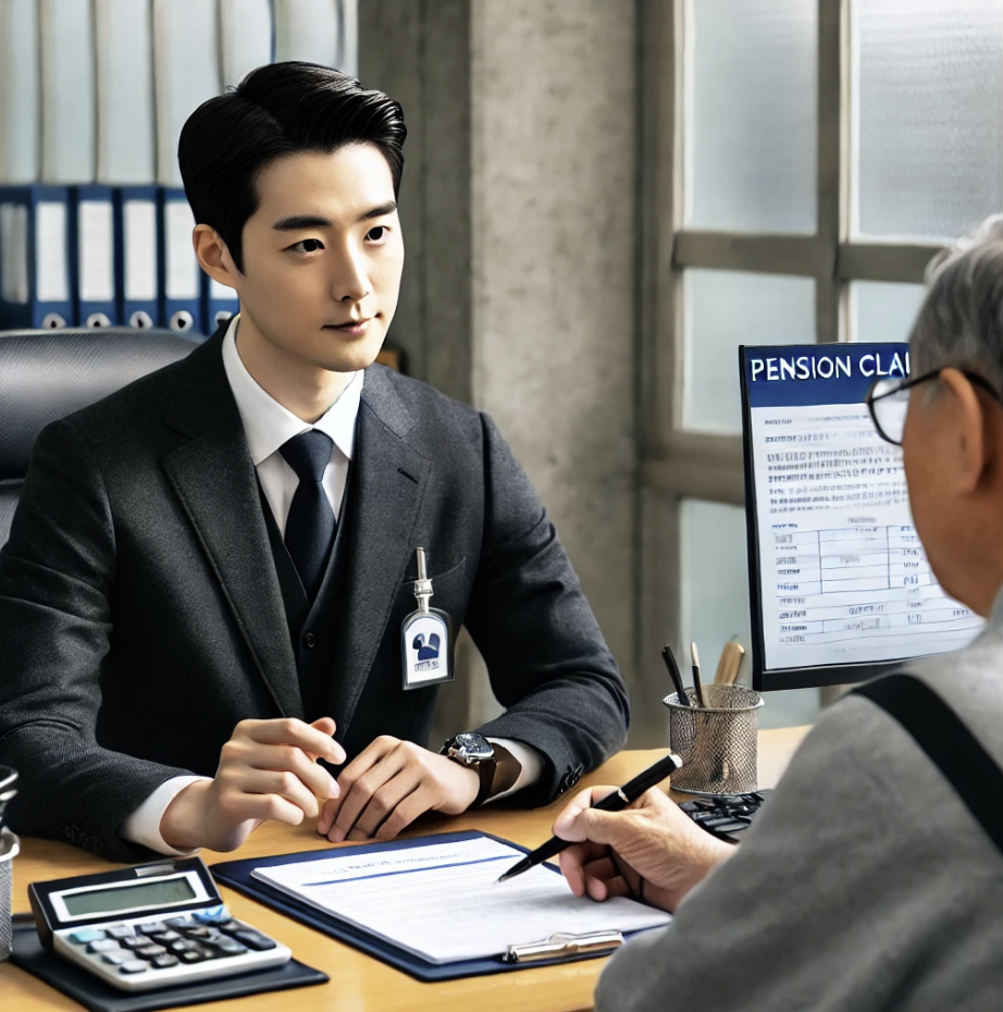 국민연금 담당자가 청구 절차를 자세히 설명하는 장면.