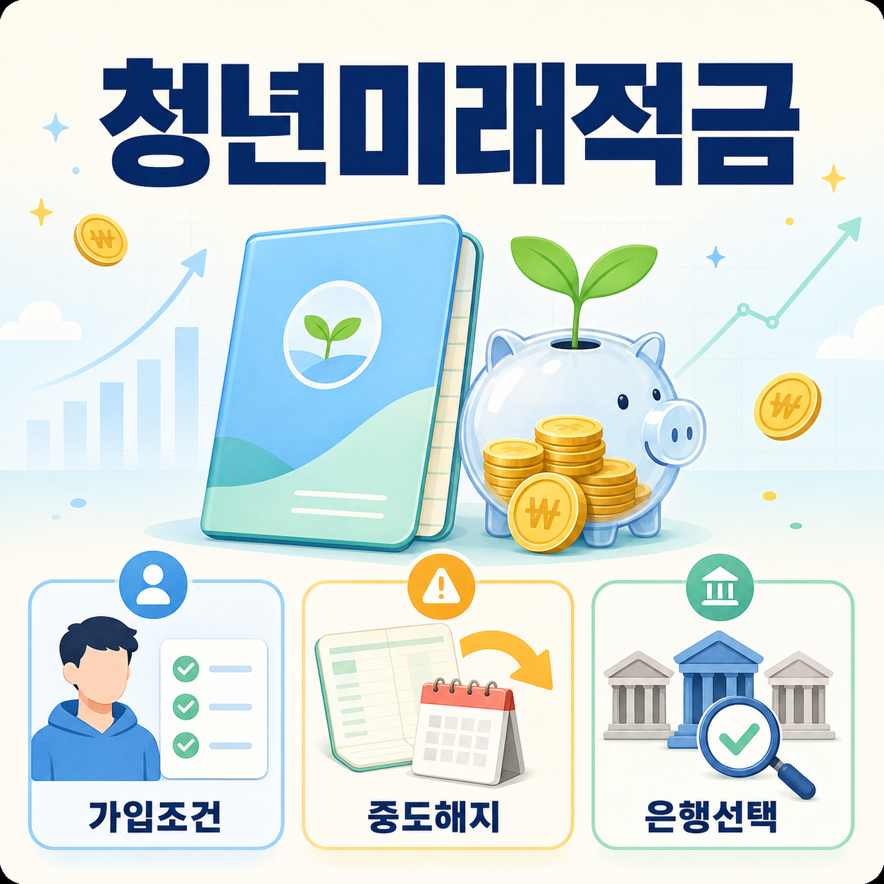 청년미래적금의 가입조건, 중도해지, 은행선택을 안내하는 금융 인포그래픽