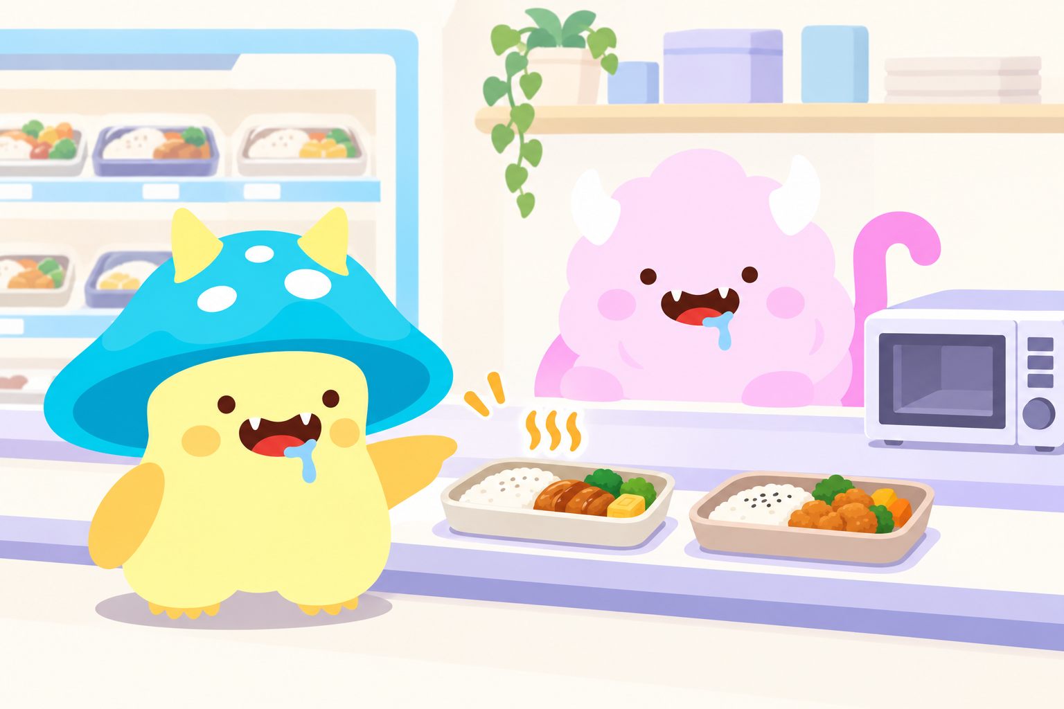 Au konbini, Bode montre un seul des deux bentos pour demander &agrave; ShuShu de le r&eacute;chauffer.
