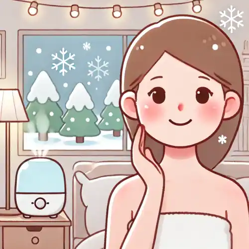 겨울철에 따뜻한 실내에서 피부를 관리하는 여성의 모습