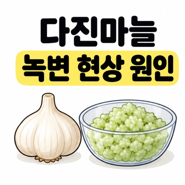 다진마늘 녹변 현상 원인이라는 제목 아래 통마늘과 연녹색 다진마늘이 담긴 투명 그릇을 배치한 대표 썸네일