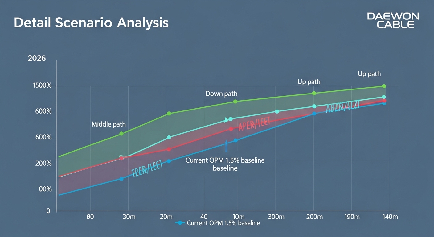 Daewon Cable 2026 scenario analysis three path chart. Current OPM 1.5 percent baseline. Down path copper surge OPM below 1 stock 4500 KRW red. Middle path stable OPM 1.5-2 box range 5000-6500 KRW amber. Up path nuclear HVDC order plus Neo-Cable OPM 2.5-3 percent green rocket 8000-10000 KRW. PBR valuation label 1x fair value. Blue gray background English.