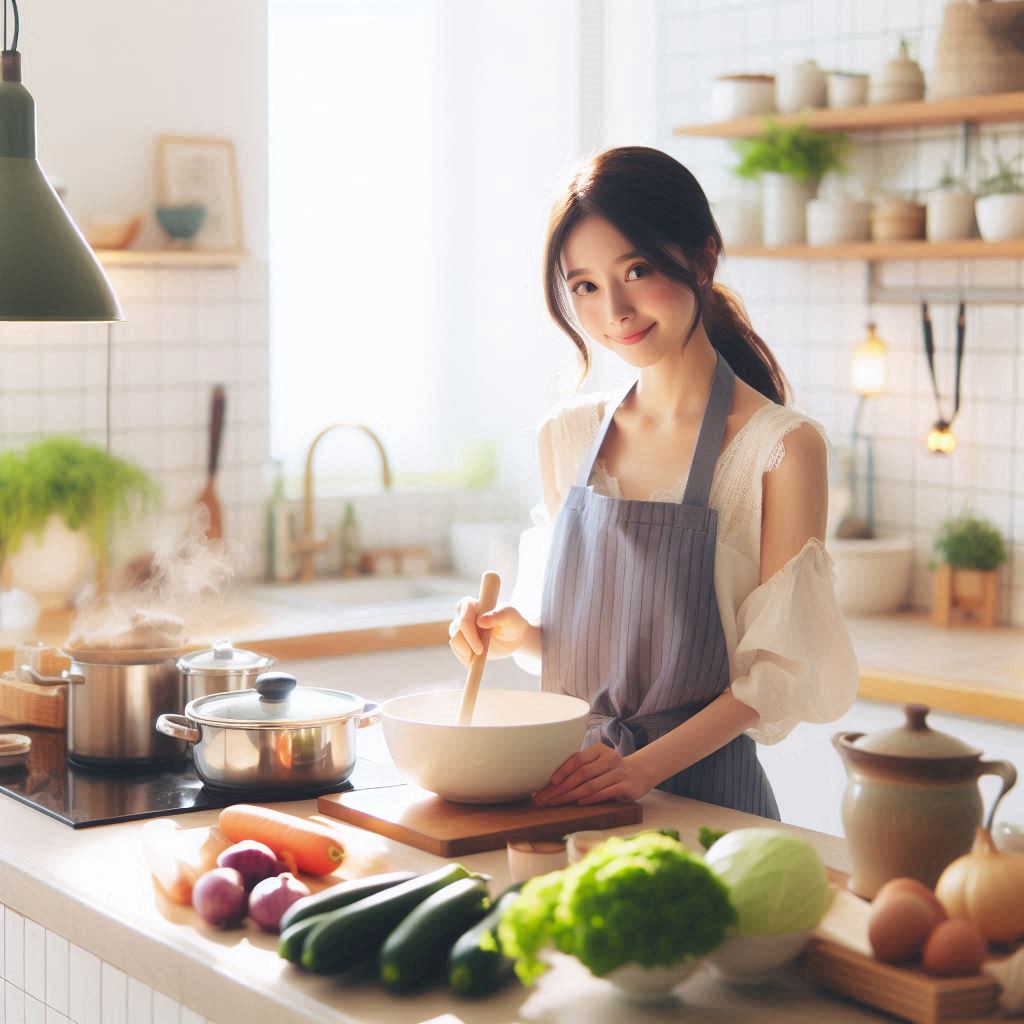 추석을 맞이해 주방에서 요리하는 여자
