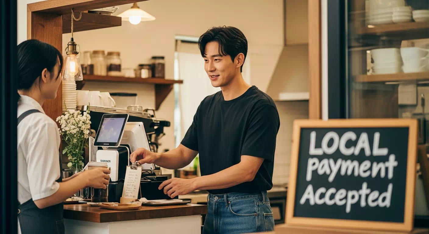 소규모 카페에서 소비쿠폰 사용 안내판을 보며 주문하는 30대 한국 남성. 따뜻한 인테리어