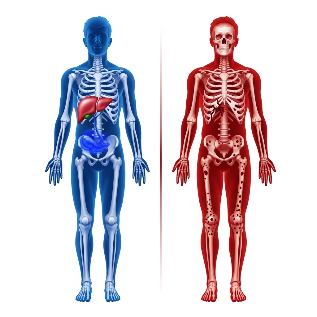 간 상태에 따른 남성 골밀도의 가시적인 차이 비교