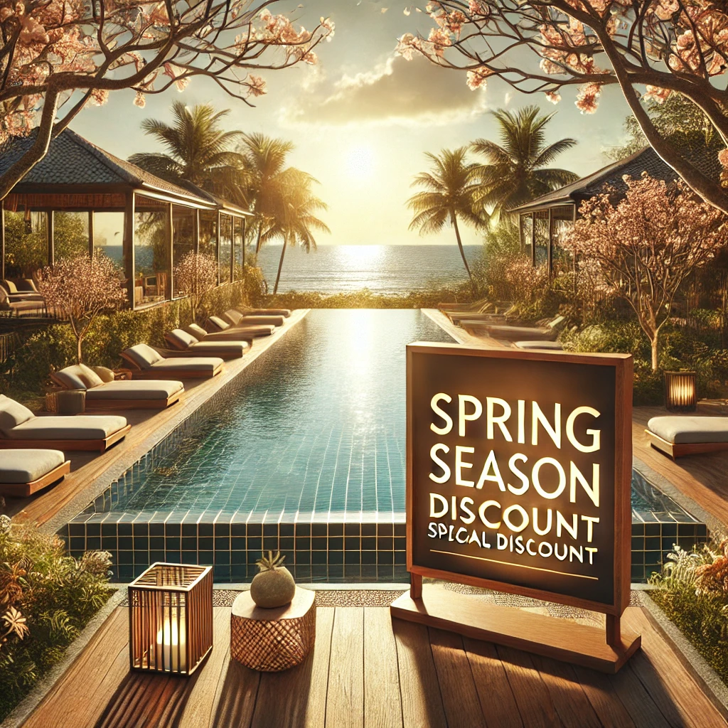 발리의 아름다운 리조트에서 봄 시즌 한정 할인을 홍보하는 이미지