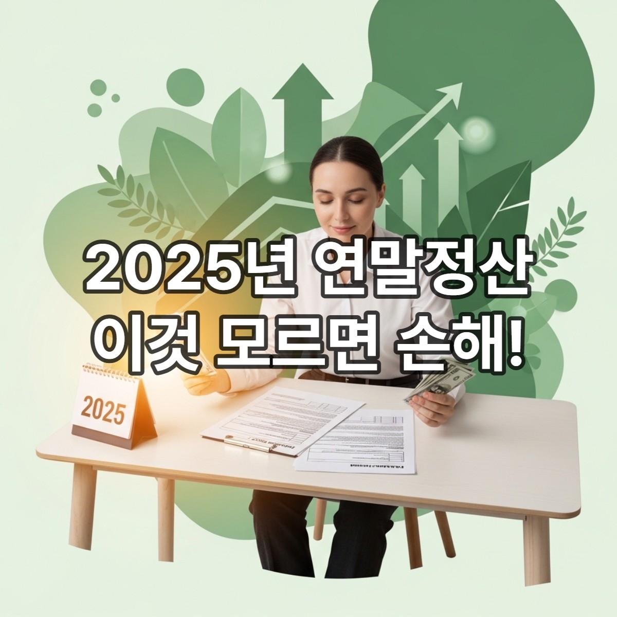 2025년 연말정산 서류를 검토하며 절세에 성공한 듯 미소 짓는 직장인과 초록색 성장 그래픽.