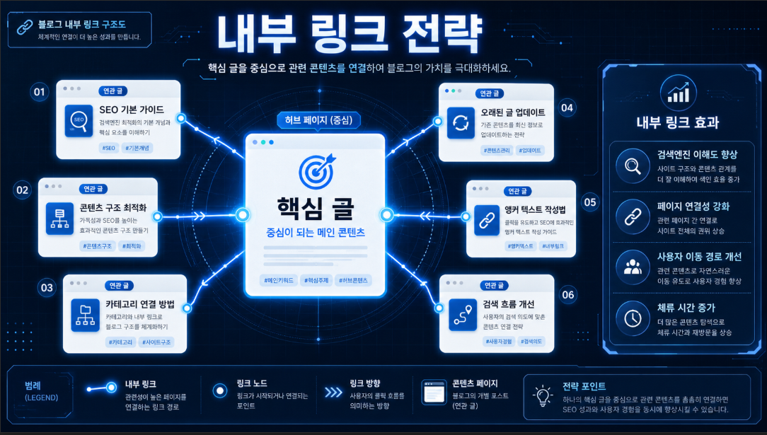 블로그의 전문성을 증명하기 위해 게시물들을 유기적으로 연결하여 구글 로봇의 체류 시간을 극대화하는 내부 링크 구조화 전략 분석도