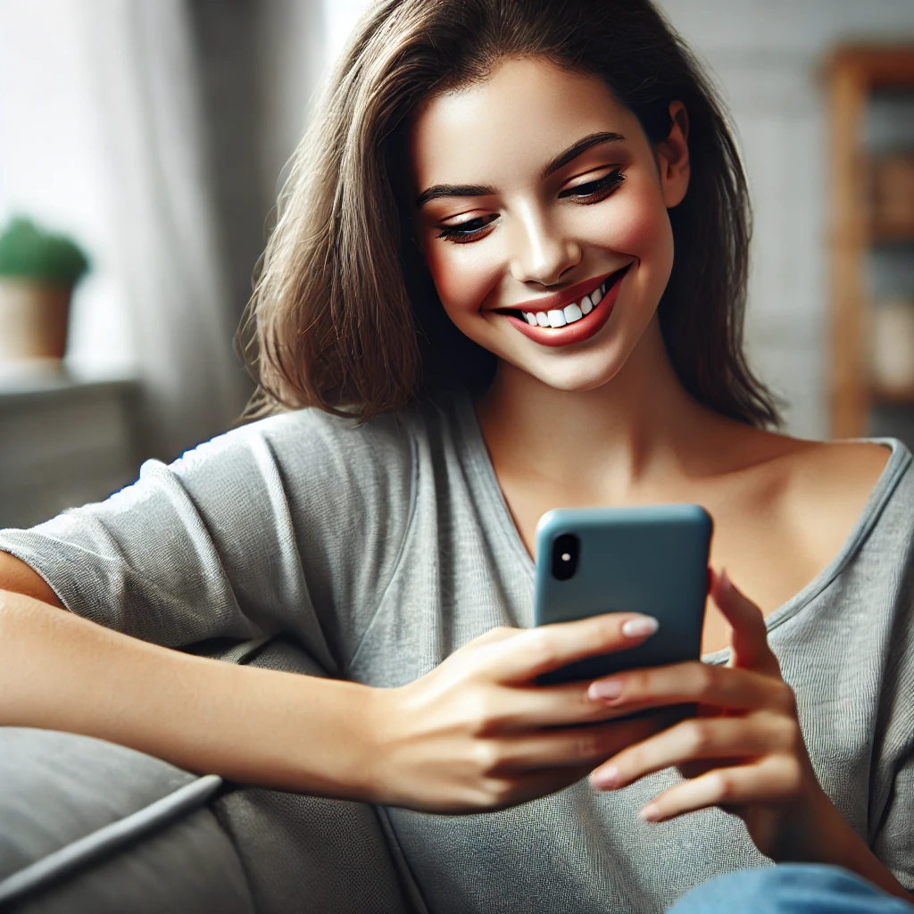 집에서 스마트폰을 보며 미소 짓는 여성 (데이트 후 연락하는 모습)