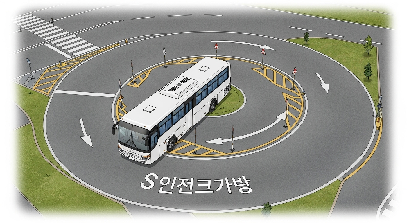 대형 버스가 운전면허 기능시험의 굴절 코스나 S자 코스를 정교하게 통과하는 모습의 조감도 일러스트.