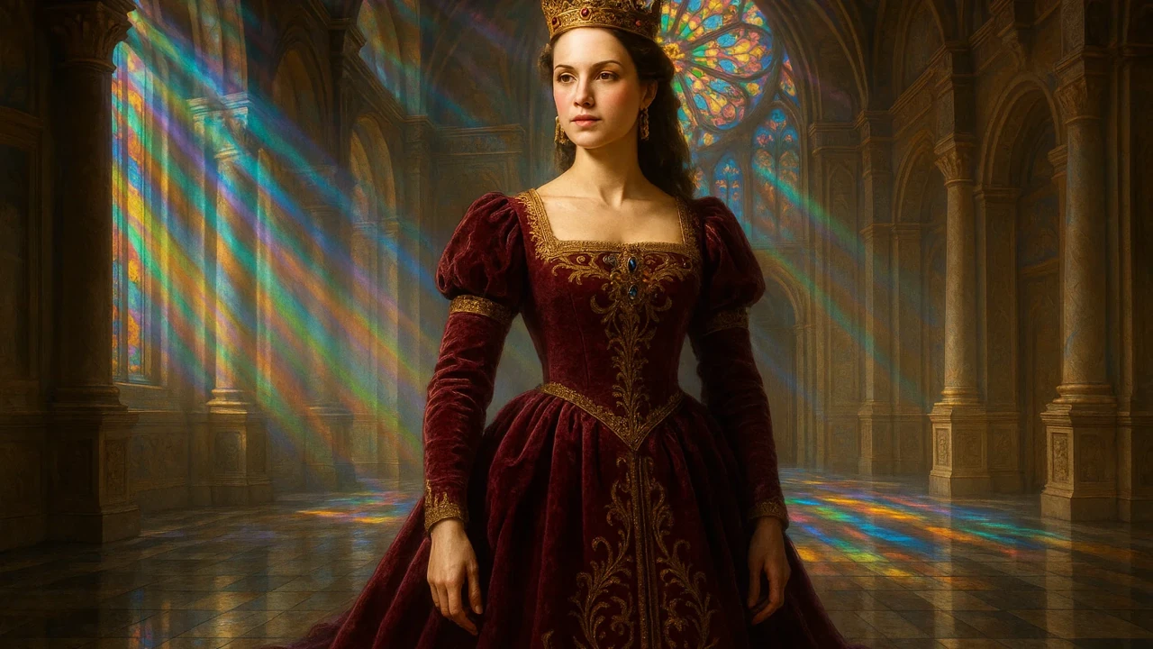 화려한 중세 궁전 배경에서 왕관을 쓴 여주인공이 당당한 표정으로 서 있는 대표 이미지