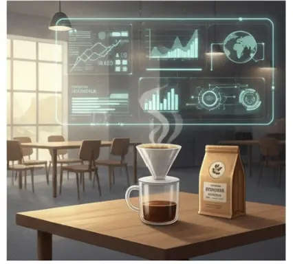 A modern specialty coffee shop interior in 2026 with digital data displays for coffee origin tracking and professional pour-over equipment on a wooden table.