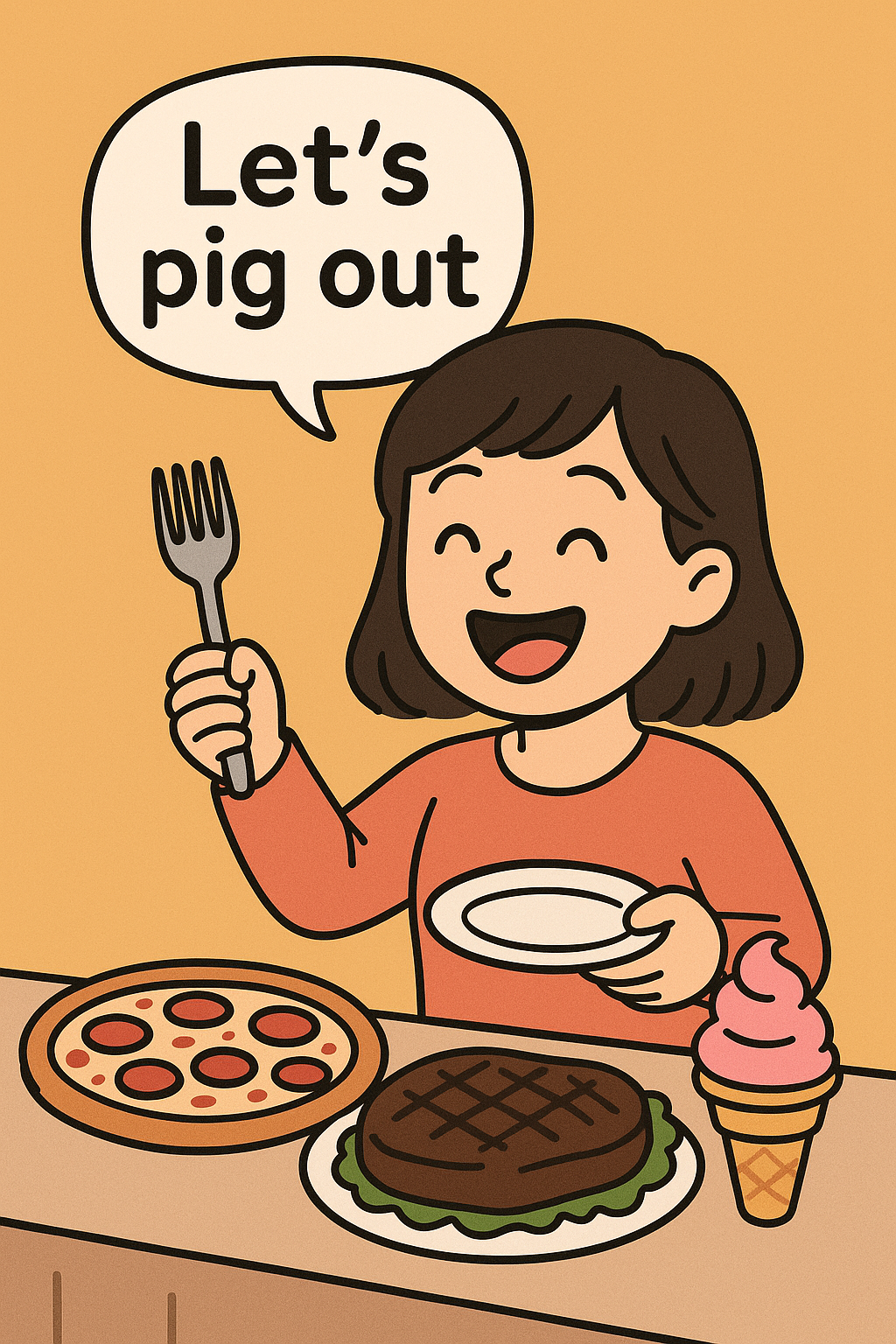 "음식을 보며 기뻐하는 윤댕이 – let's pig out 표현에 어울리는 상황 묘사"