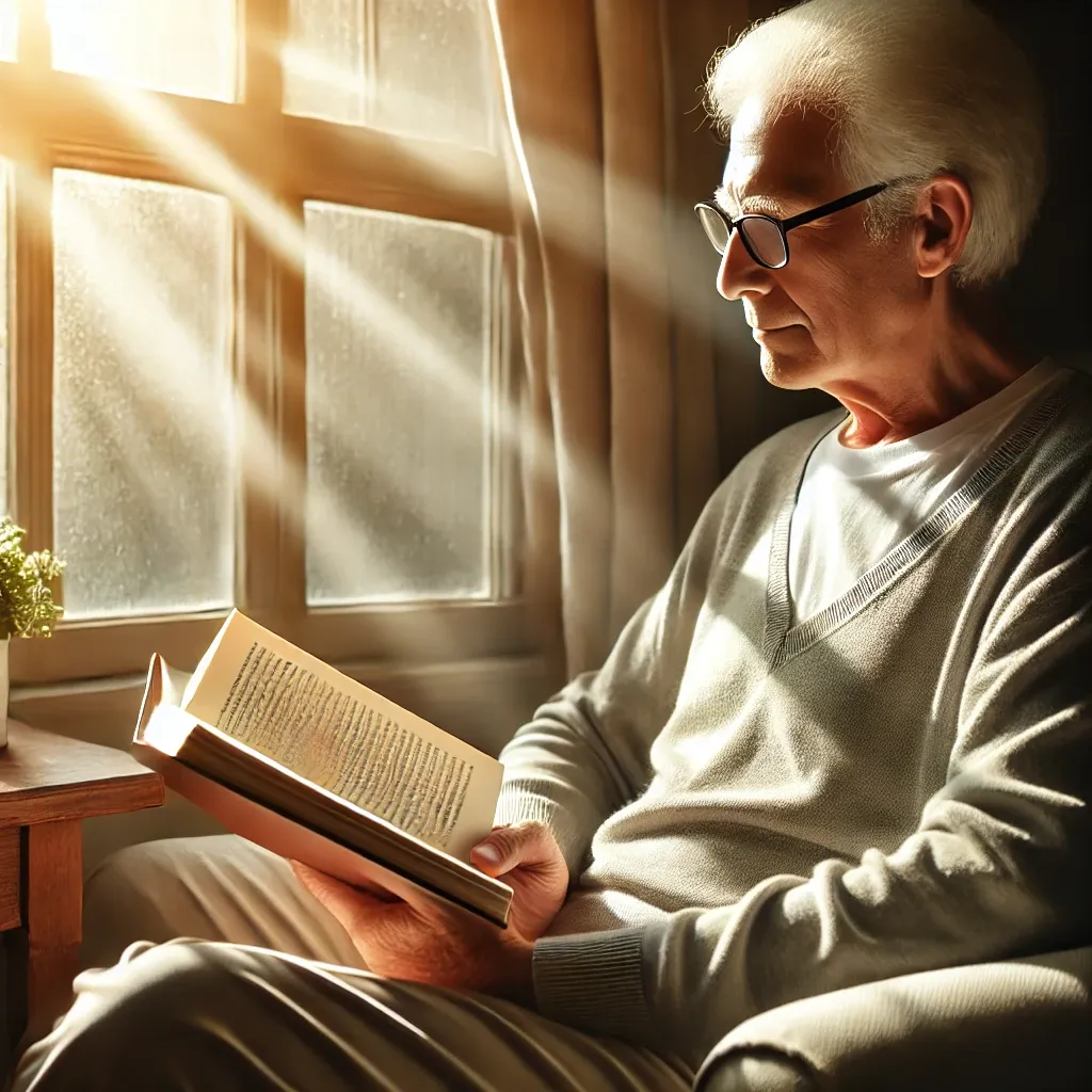 창가에서 책을 읽고 있는 노인의 평화로운 모습. 햇살이 비추는 창가에서 독서 안경을 쓰고 편안하게 책을 읽고 있음.