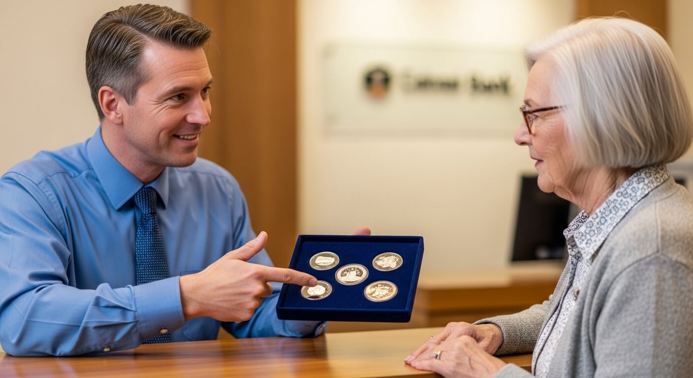 남성 직원이 노부인에게 다섯 개의 기념주화가 담긴 케이스를 보여주는 모습