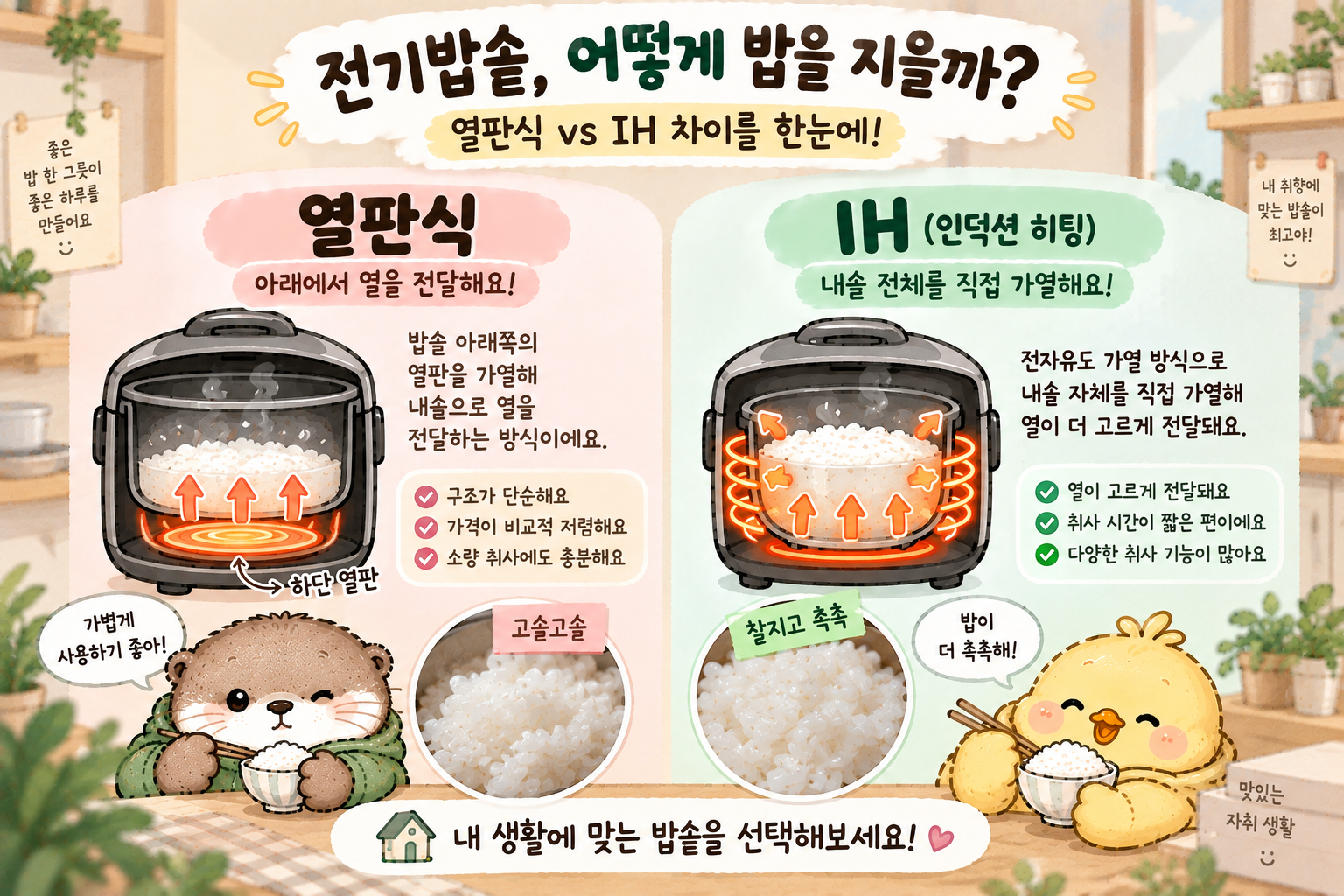 IH 전기밥솥과 열판식 전기밥솥의 가열 방식 차이를 설명하는 이미지
