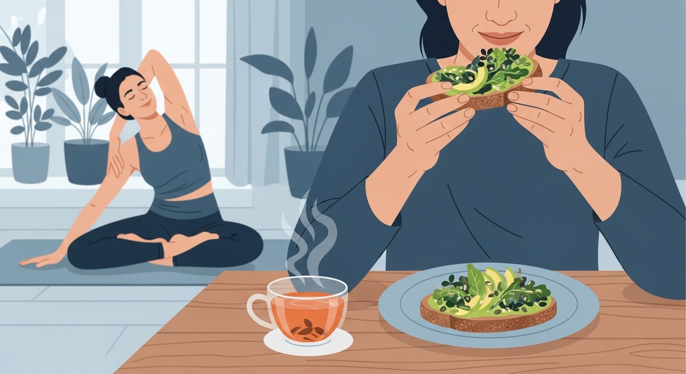 천천히 식사하고 따뜻한 차를 마시며, 가벼운 스트레칭을 하는 사람들의 모습. 건강한 식습관과 운동으로 장 건강을 관리하는 장면